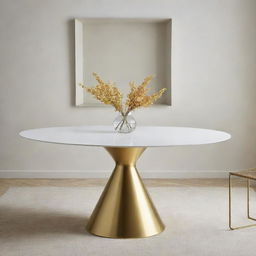 A dining table with a large white tabletop and a golden base