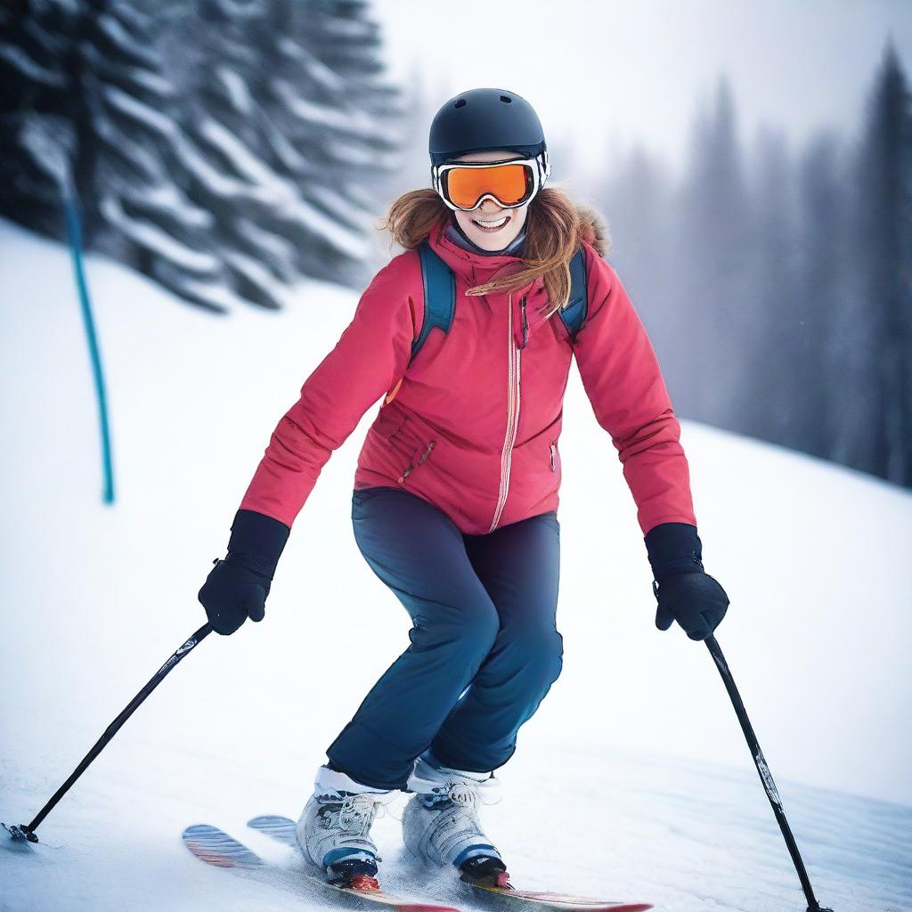 A young 18-year-old skinny woman is engaging in a sport activity, specifically skiing