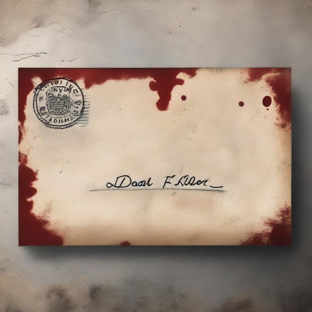 An envelope with a stamp, featuring the message 'Dear Killer' written in blood