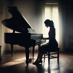 A magical realism style image of a young woman playing a piano in a dark setting