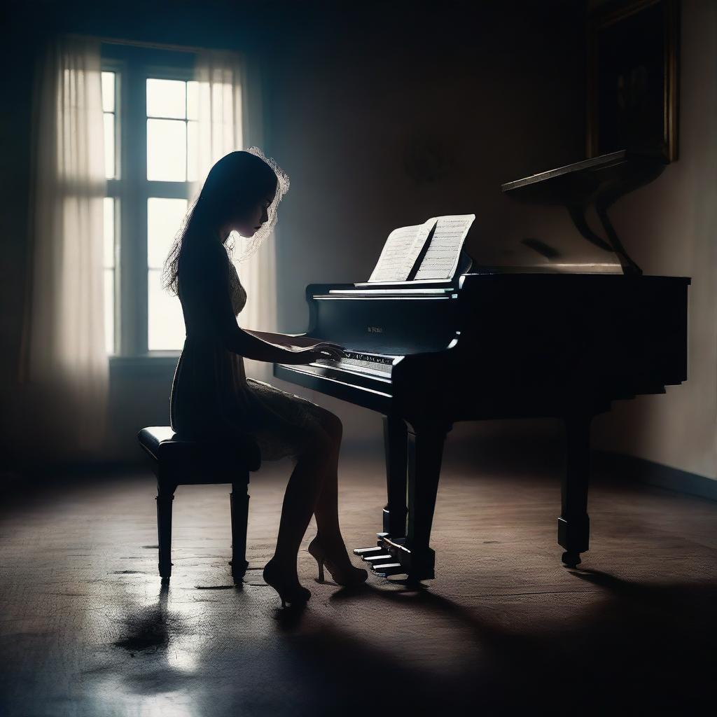 A magical realism style image of a young woman playing a piano in a dark setting