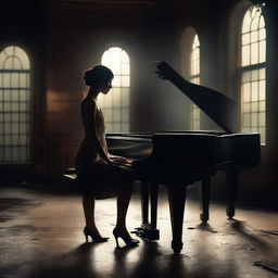 A magical realism style image of a young woman playing a piano in a dark setting