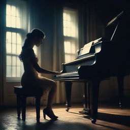 A magical realism style image of a young woman playing a piano in a dark setting