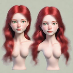 Create an image of a 19-year-old female human character with red hair and green eyes