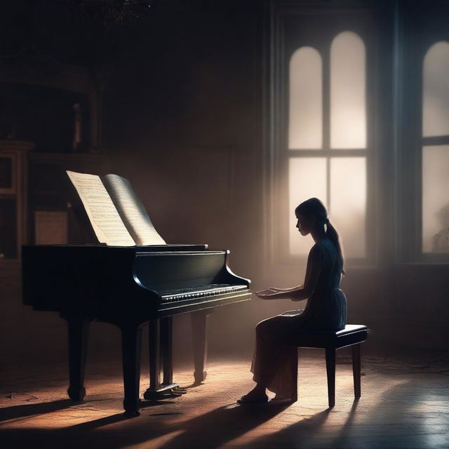 Generate a book cover in the style of magical realism featuring a young woman playing a piano in a dark setting