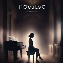 Generate a book cover in the style of magical realism featuring a young woman playing a piano in a dark setting