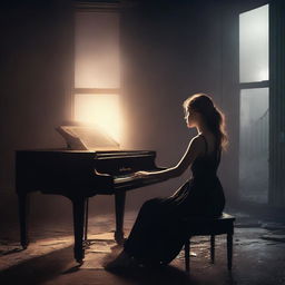 Generate a book cover in the style of magical realism featuring a young woman playing a piano in a dark setting