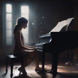 Generate a book cover in the style of magical realism featuring a young woman playing a piano in a dark setting