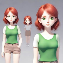 Create an image of a 19-year-old female human character with red hair and green eyes