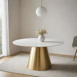 A dining table with a large white tabletop and a golden base