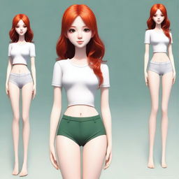 Create an image of a 19-year-old female human character with red hair and green eyes