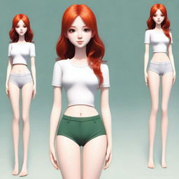 Create an image of a 19-year-old female human character with red hair and green eyes