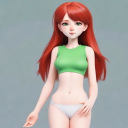 Create an image of a 19-year-old female human character with red hair and green eyes