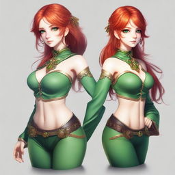 Create an image of a 19-year-old female human fantasy character with red hair and green eyes