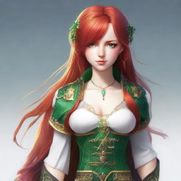 Create an image of a 19-year-old female human fantasy character with red hair and green eyes