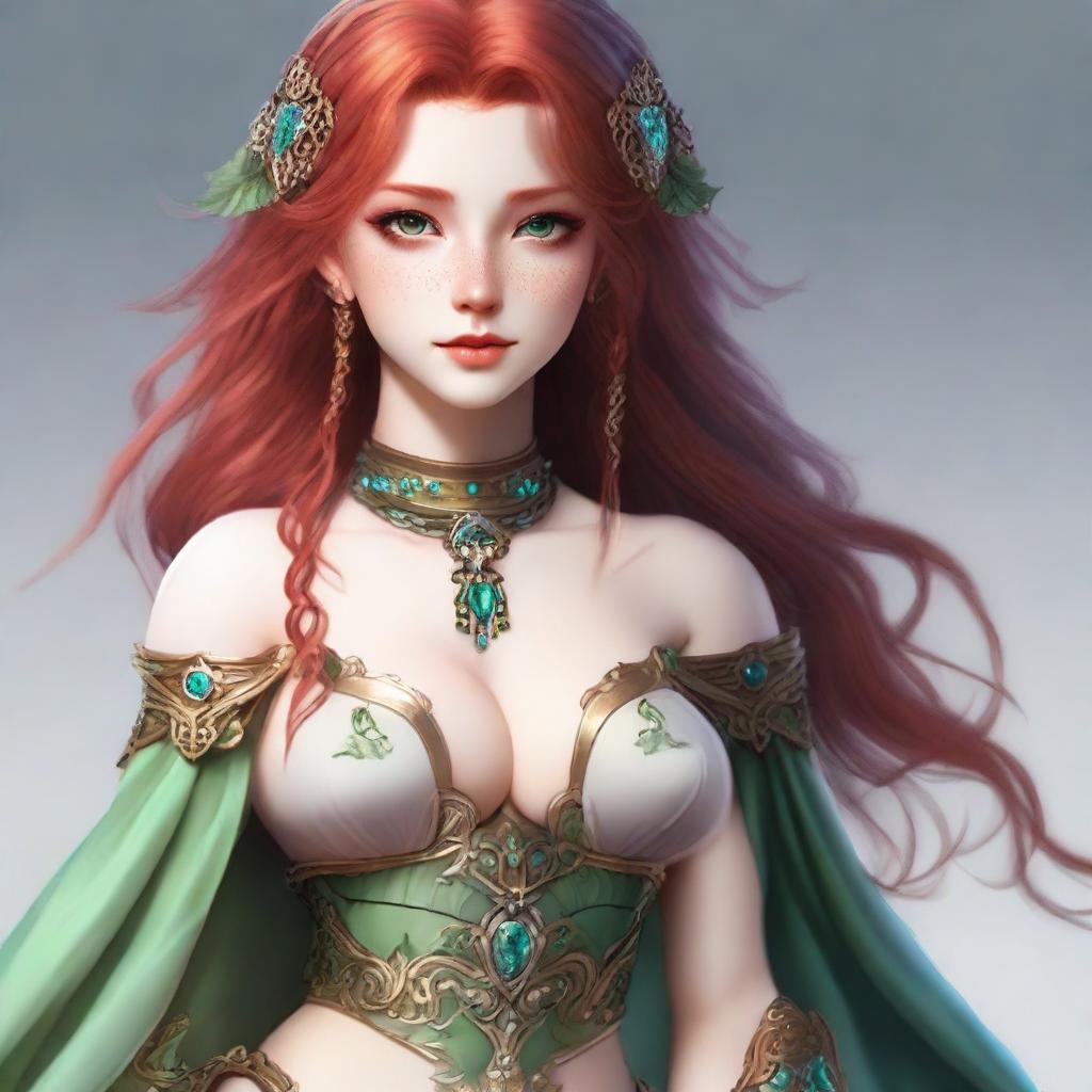 Create an image of a 19-year-old female human fantasy character with red hair and green eyes