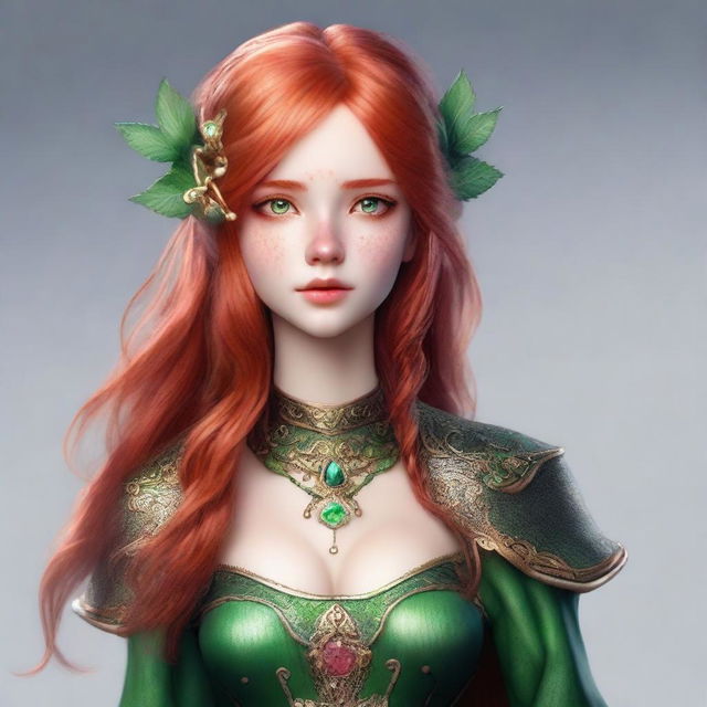 Create an image of a 19-year-old female human fantasy character with red hair and green eyes