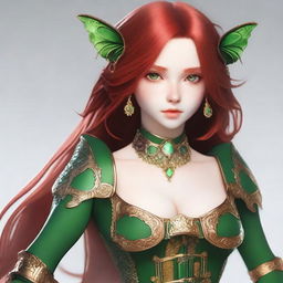 Create an image of a 19-year-old female human fantasy character with red hair and green eyes