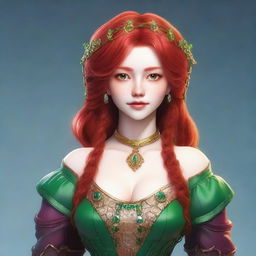 Create an image of a 19-year-old female human fantasy character with red hair and green eyes