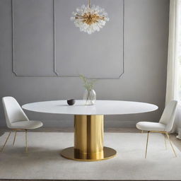 A large dining table with a white top and a brilliant golden base