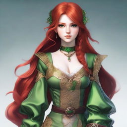 Create an image of a 19-year-old female human fantasy character with red hair and green eyes