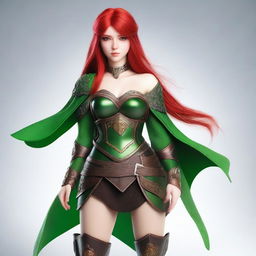 Create an image of a 19-year-old strong female human fantasy character with red hair and green eyes