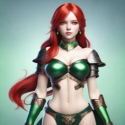 Create an image of a 19-year-old strong female human fantasy character with red hair and green eyes