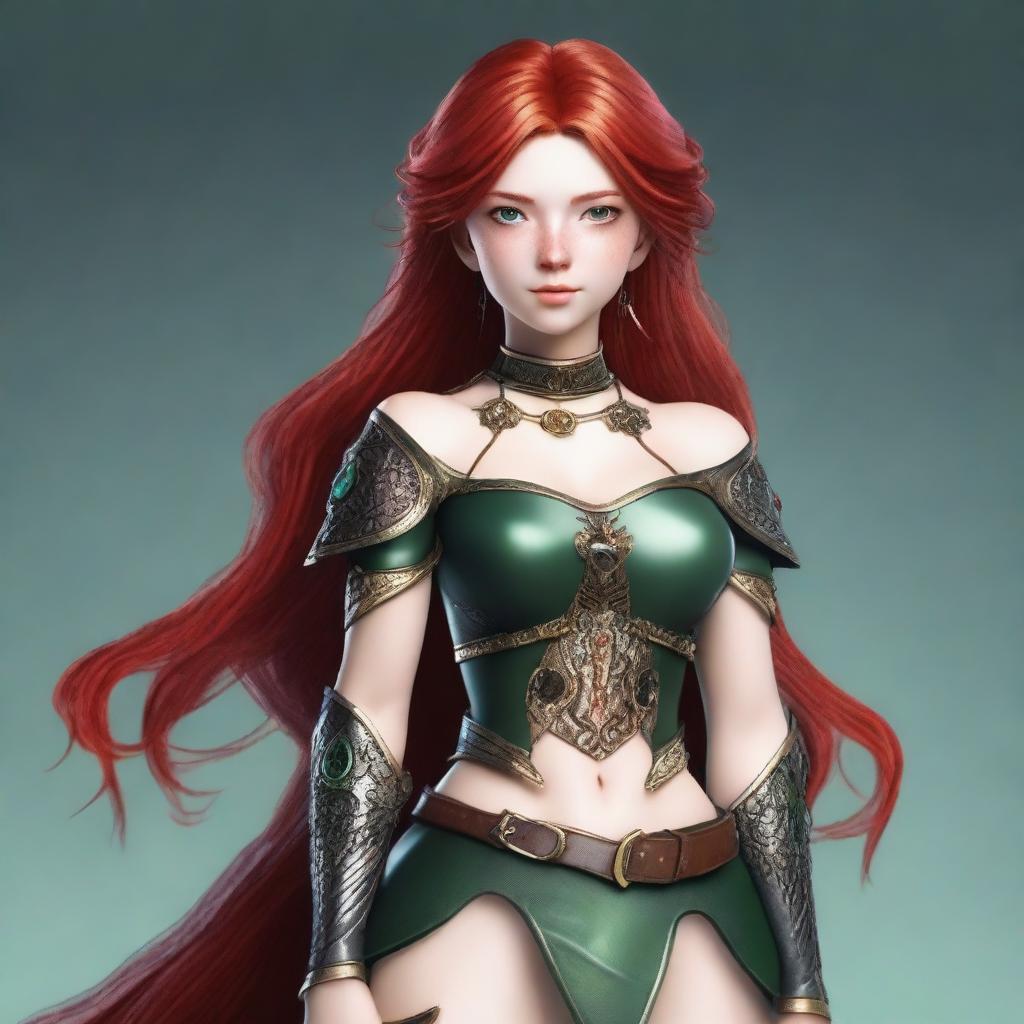 Create an image of a 19-year-old strong female human fantasy character with red hair and green eyes