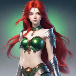 Create an image of a 19-year-old strong female human fantasy character with red hair and green eyes