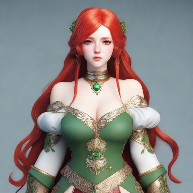 Create an image of a 19-year-old female human fantasy character with red hair and green eyes