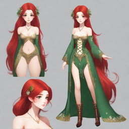 Create an image of a 19-year-old female human fantasy character with red hair and green eyes