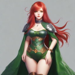 Create an image of a 19-year-old female human fantasy character with red hair and green eyes