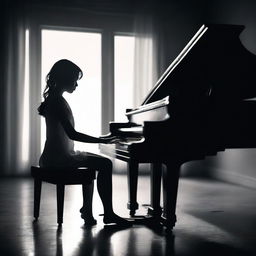 Generate a magical realism style image of a young woman playing a piano in a dark setting