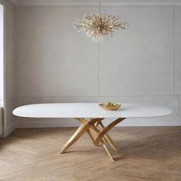 A large dining table with a white top and a brilliant golden base