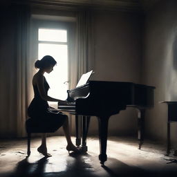 Generate a magical realism style image of a young woman playing a piano in a dark setting