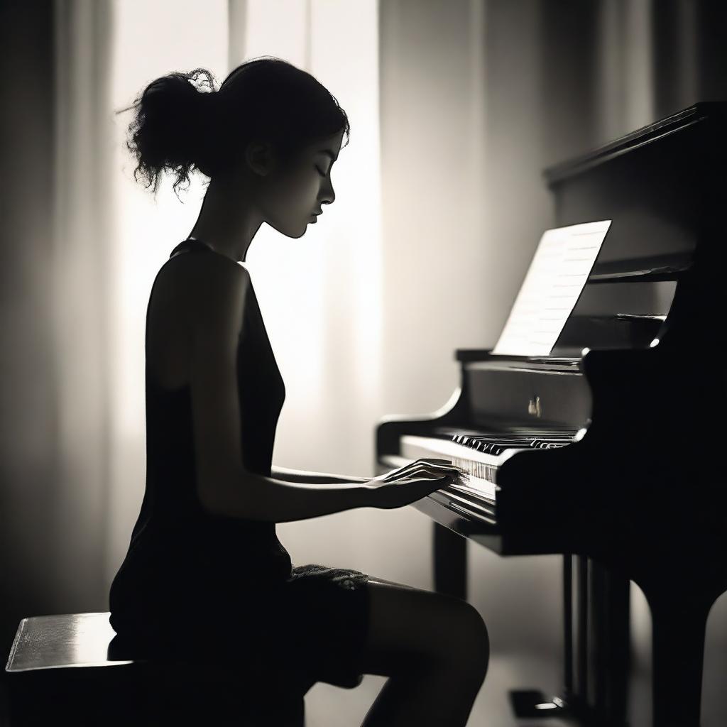 Generate a magical realism style image of a young woman playing a piano in a dark setting