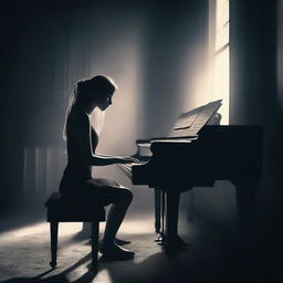 Generate a magical realism style image of a young woman playing a piano in a dark setting