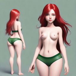 Create an image of a 19-year-old female human fantasy character with red hair and green eyes