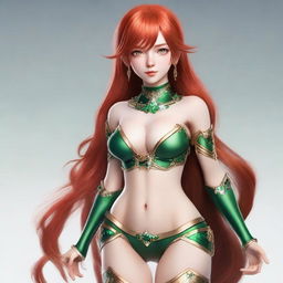 Create an image of a 19-year-old female human fantasy character with red hair and green eyes