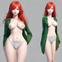 Create an image of a 19-year-old female human fantasy character with red hair and green eyes