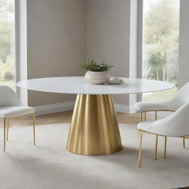 A large dining table with a white top and a brilliant golden base