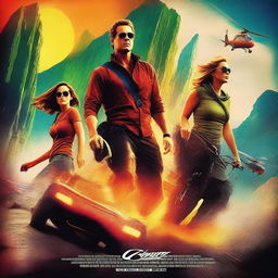 Create a vibrant movie poster featuring a thrilling adventure scene