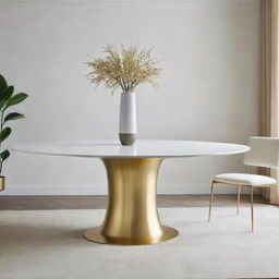 A large dining table with a white top and a brilliant golden base