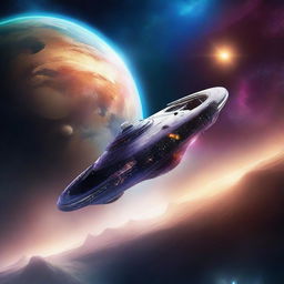 A stunning digital art scene of space exploration featuring a futuristic spaceship traveling through the cosmos, with distant planets, stars, and nebulae in the background