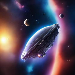 A stunning digital art scene of space exploration featuring a futuristic spaceship traveling through the cosmos, with distant planets, stars, and nebulae in the background