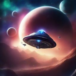 A stunning digital art scene of space exploration featuring a futuristic spaceship traveling through the cosmos, with distant planets, stars, and nebulae in the background