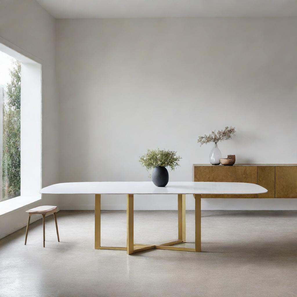 A large dining table with a white top and a golden base standing alone in wide open space