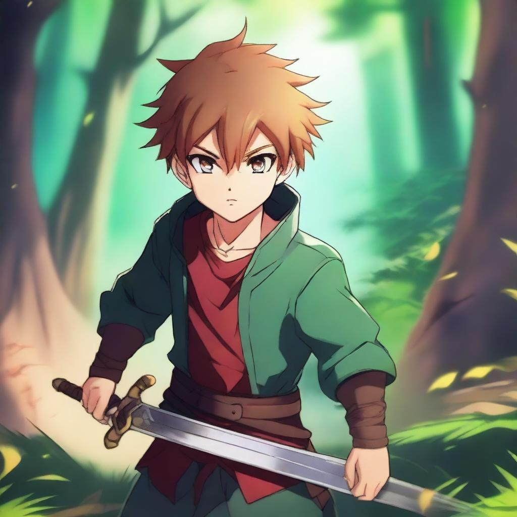 Create an anime-style image featuring a young hero with spiky hair, a glowing sword, and a determined expression