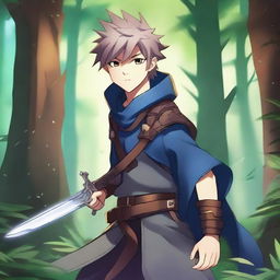 Create an anime-style image featuring a young hero with spiky hair, a glowing sword, and a determined expression