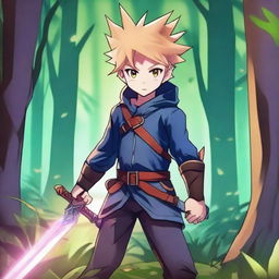 Create an anime-style image featuring a young hero with spiky hair, a glowing sword, and a determined expression